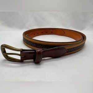 Orvis Men’s Leather Belt Size 44 Light & Dark Brown Woven Inlay 9G7X Brass
